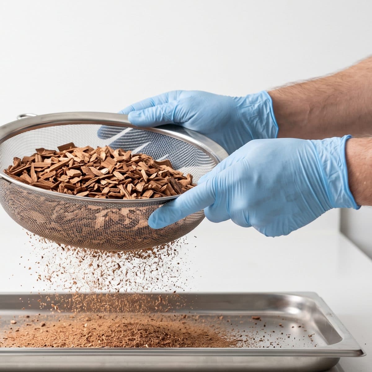 Gloved hands sieving cut heartwood to a single grade