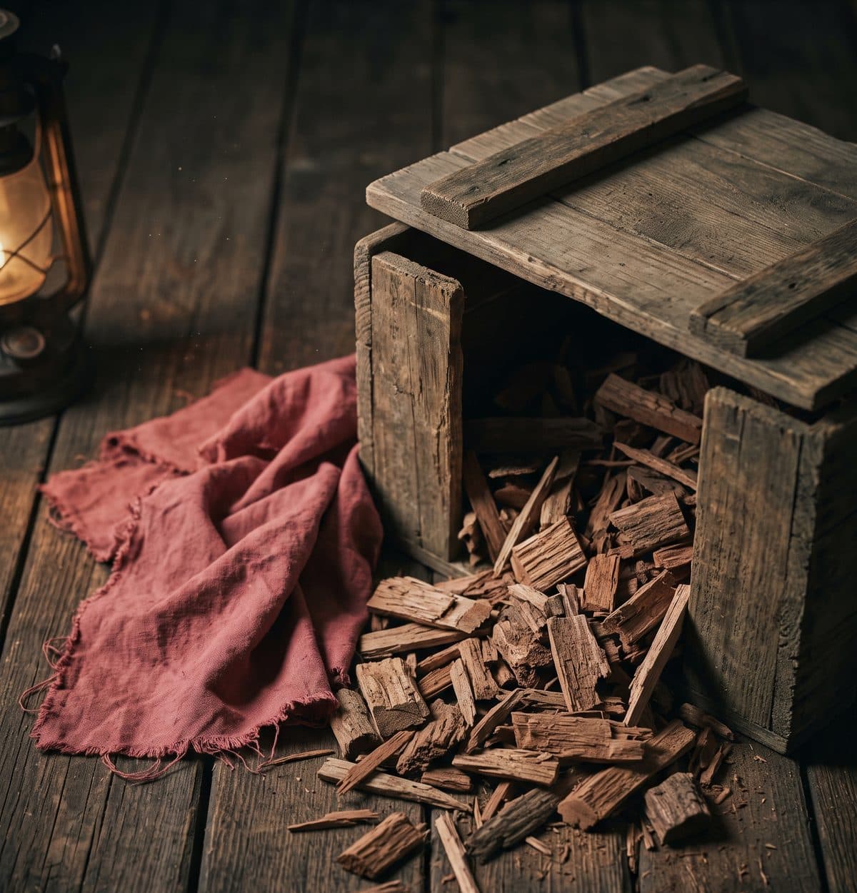 Heartwood chips spilling from an old wooden crate