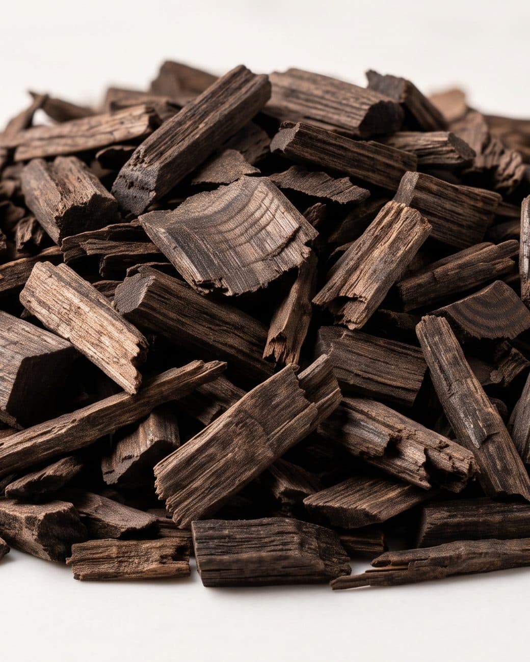A pile of dark heartwood chips on marble